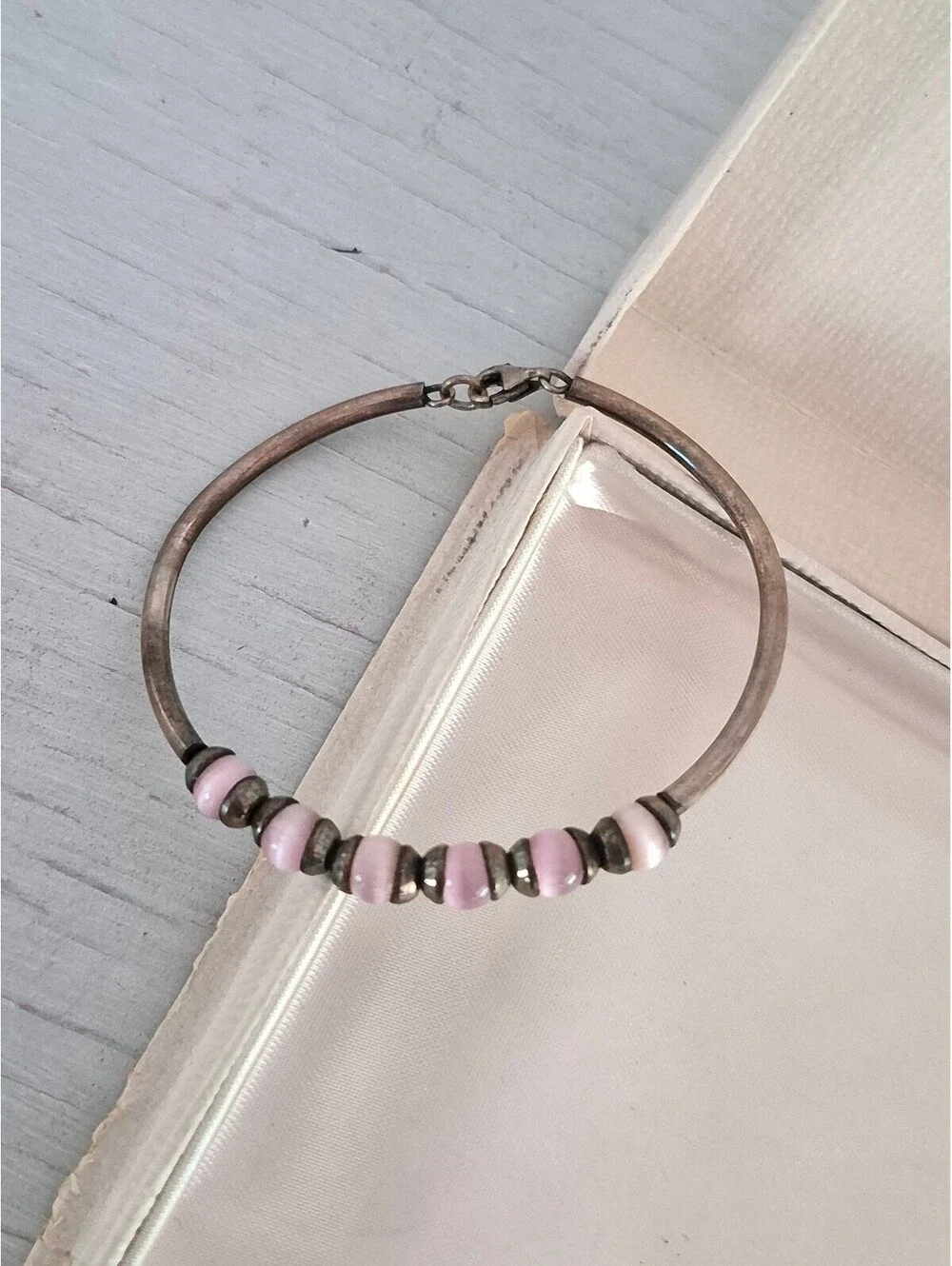 Vintage Sterling Silver Pink Cat's Eye Bead Bracelet